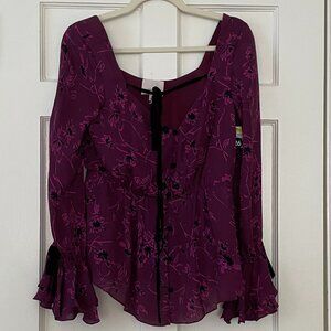 Cinq Sept Mabel Purple Floral Print Bell Sleeve Blouse Size S NWT